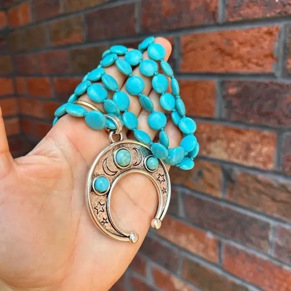 Turquoise Moon Natural Stone Beads Bohemian Western Necklace